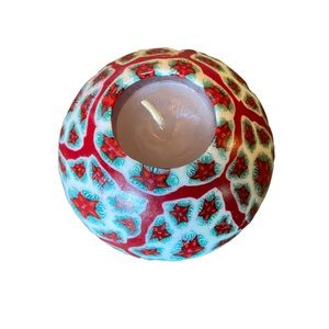 Vintage 90s Round Millefiori Candle Mosaic Poinsettia Flower Kaleidoscope Red